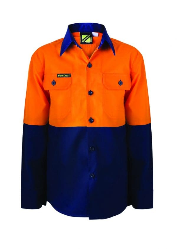ORANGE KIDS LIGHTWEIGHT HI VIS LONG SLEEVE COTTON DRILL SHIRT
