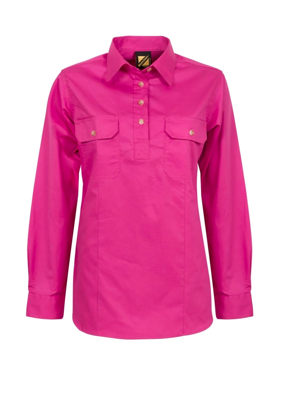 PINK LADIES LIGHTWEIGHT LONG SLEEVE CLOSED FRONT COTTON DRILL SHIRT