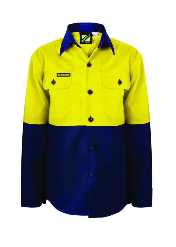 YELLOW KIDS LIGHTWEIGHT HI VIS LONG SLEEVE COTTON DRILL SHIRT