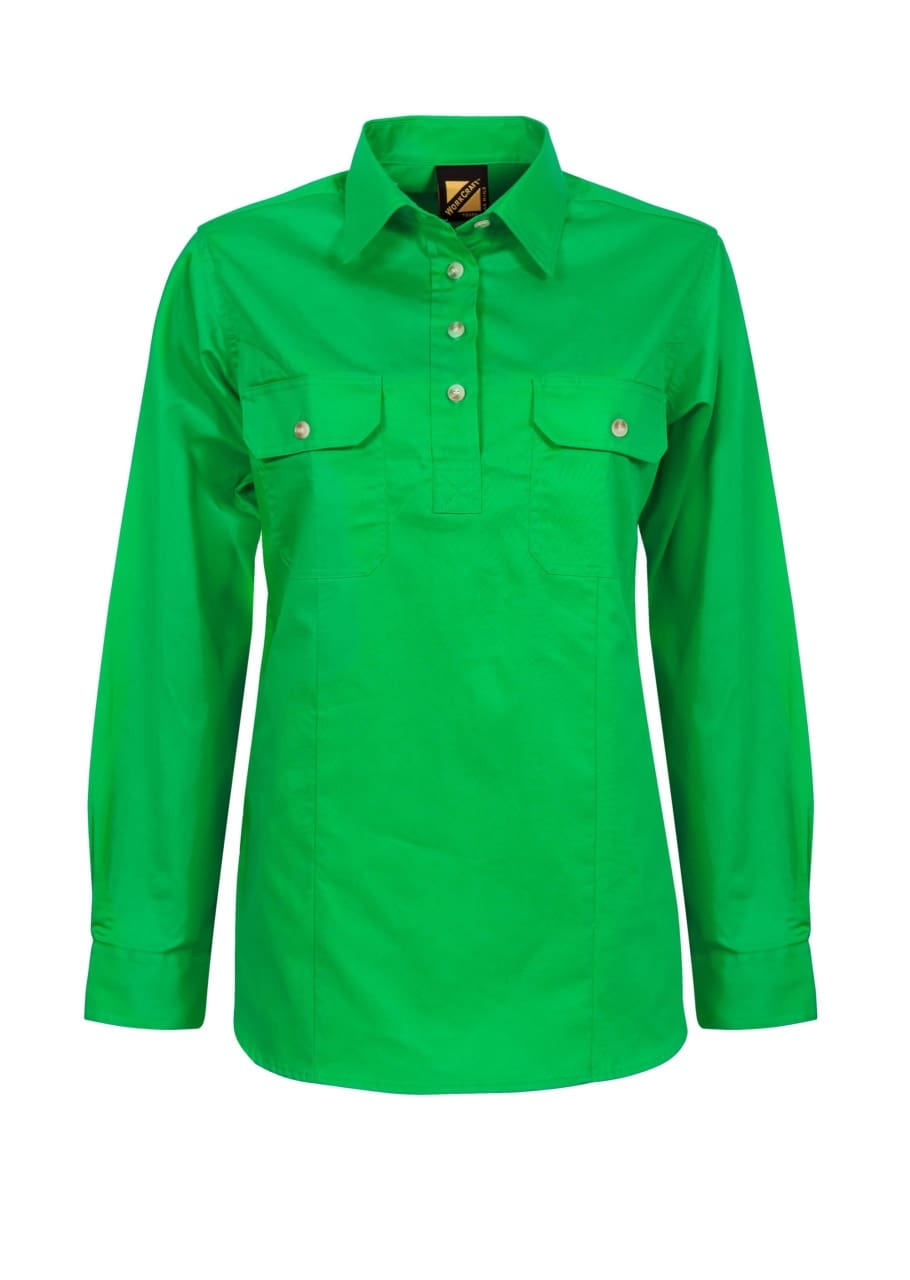 GREEN LADIES LIGHTWEIGHT LONG SLEEVE CLOSED FRONT COTTON DRILL SHIRT