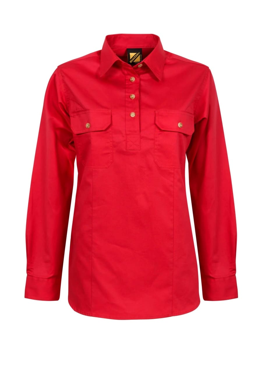 RED LADIES LIGHTWEIGHT LONG SLEEVE CLOSED FRONT COTTON DRILL SHIRT